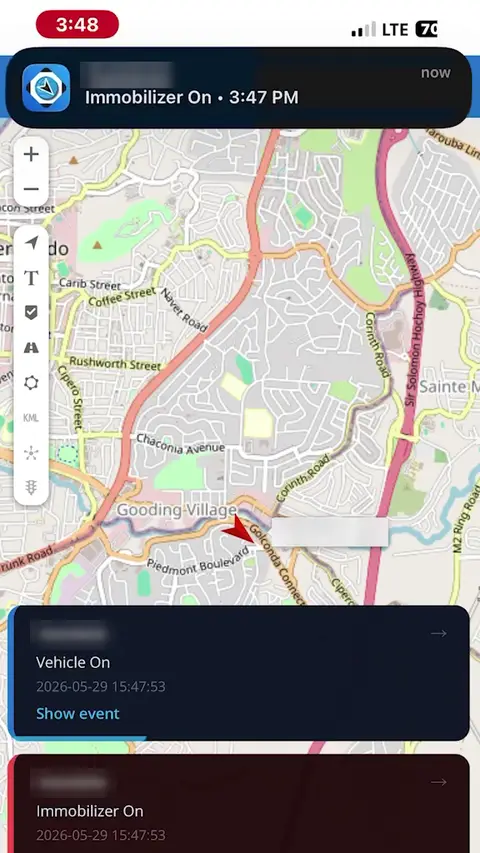 The Gaffar GPS tracking app: Immobilizer On, with the vehicle on the live map